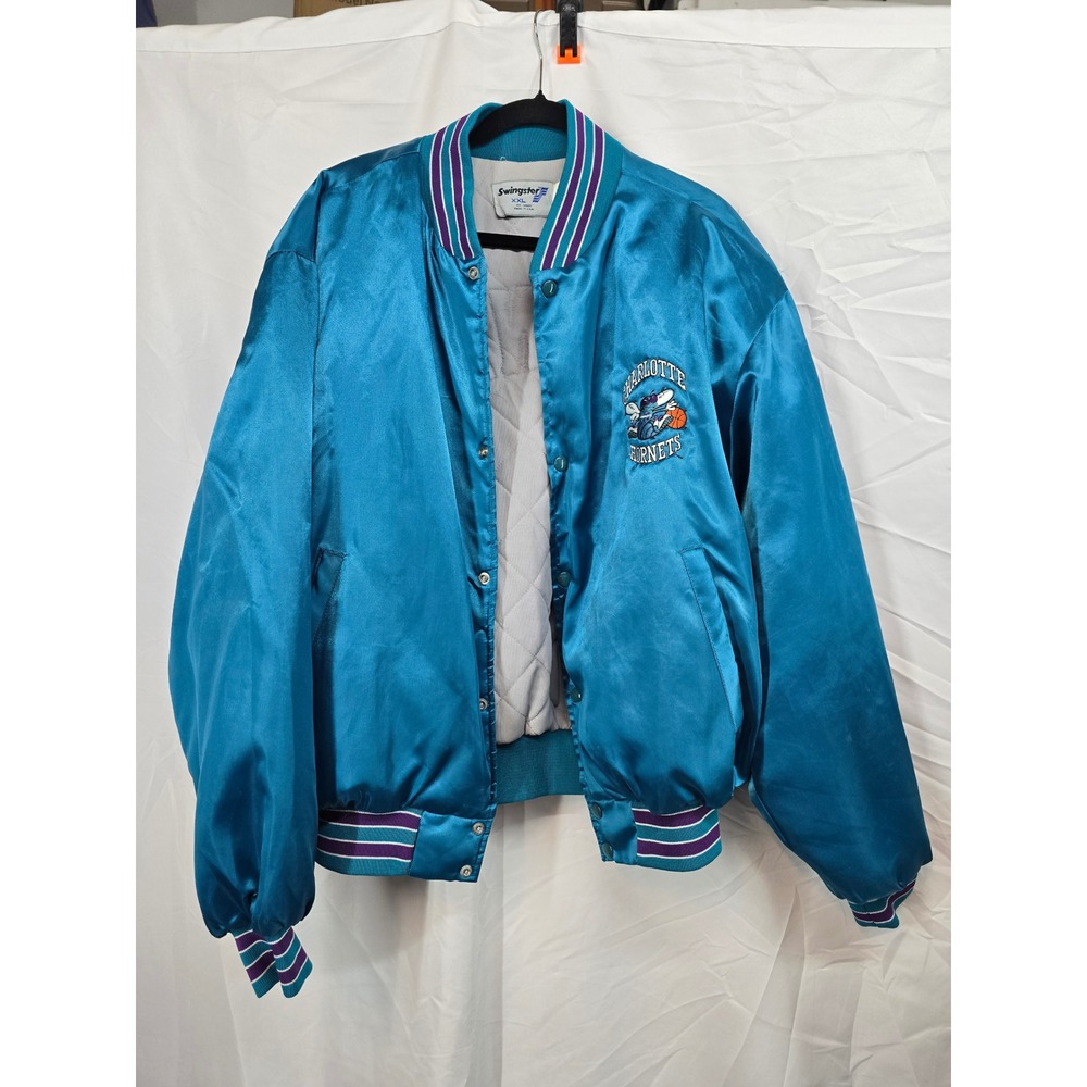 Vintage Swingster Charlotte Hornets Satin Bomber Jacket XXL Teal NBA 90s Varsity